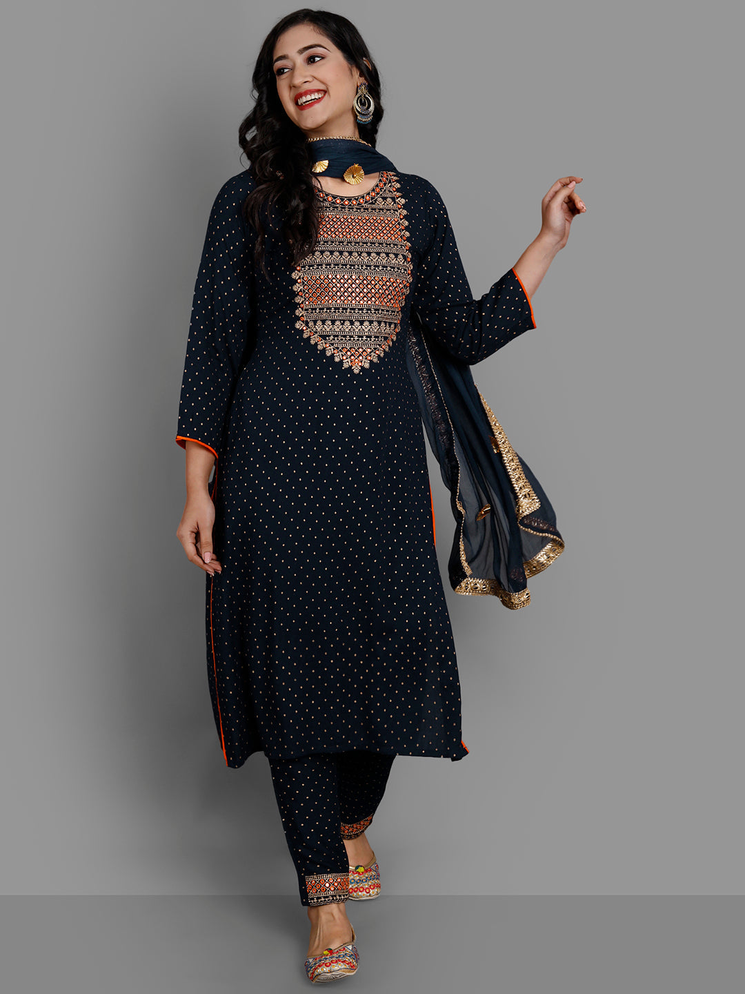 Women's Navy Rayon Kurta Pant And Dupatta Set - Noz2Toz