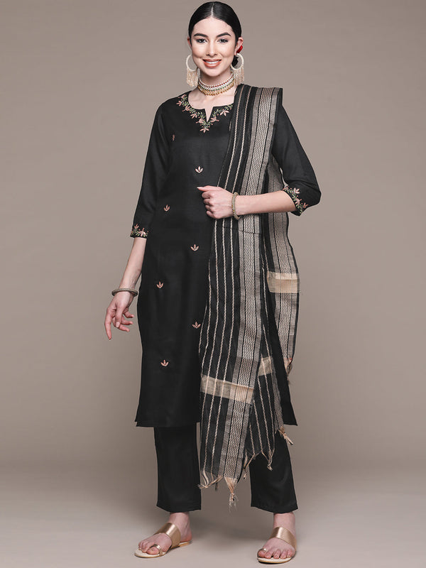 Women Black Embroidered Kurta with Trousers and Dupatta by Anubhutee (3 Pc Set)