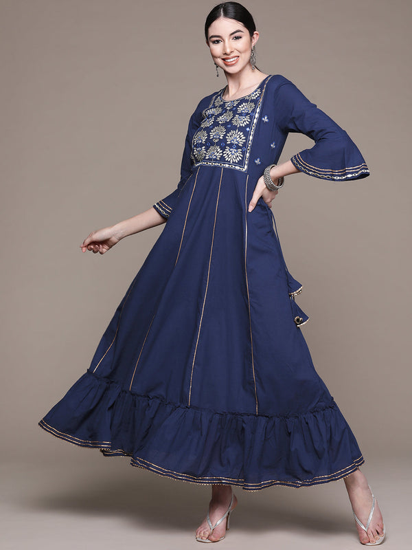 Women's Blue Yoke Embroidered Ethnic Dress - Anubhutee