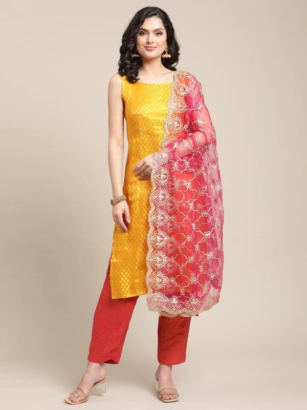 Mustard And Pink Brocade Sleeveless Kurta Trouser Set With Heavy Gota Work Dupatta - Indiakreations