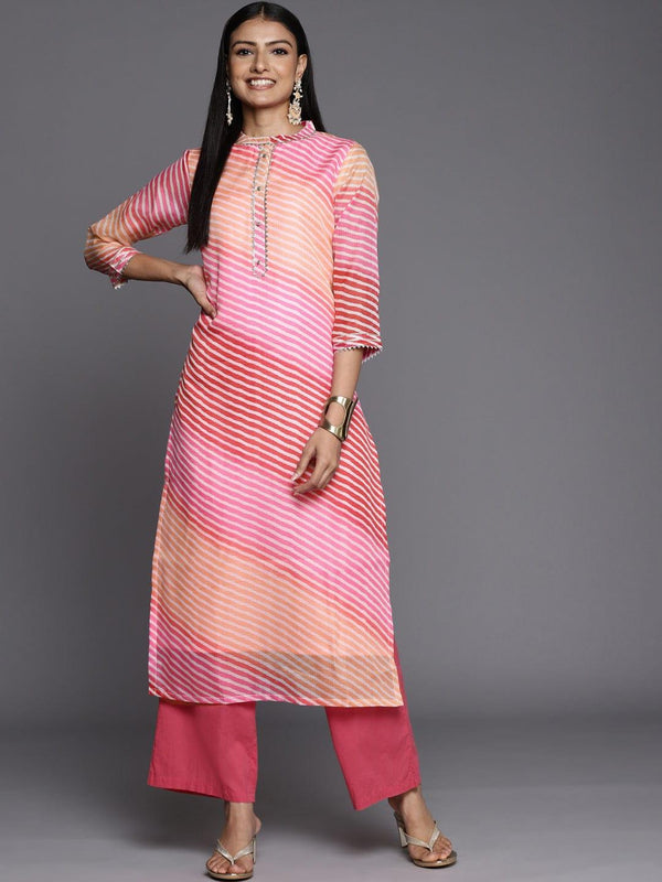 Varanga Women Pink & Orange Leheriya Printed Gotta Patti Chanderi Silk Kurta - Indiakreations