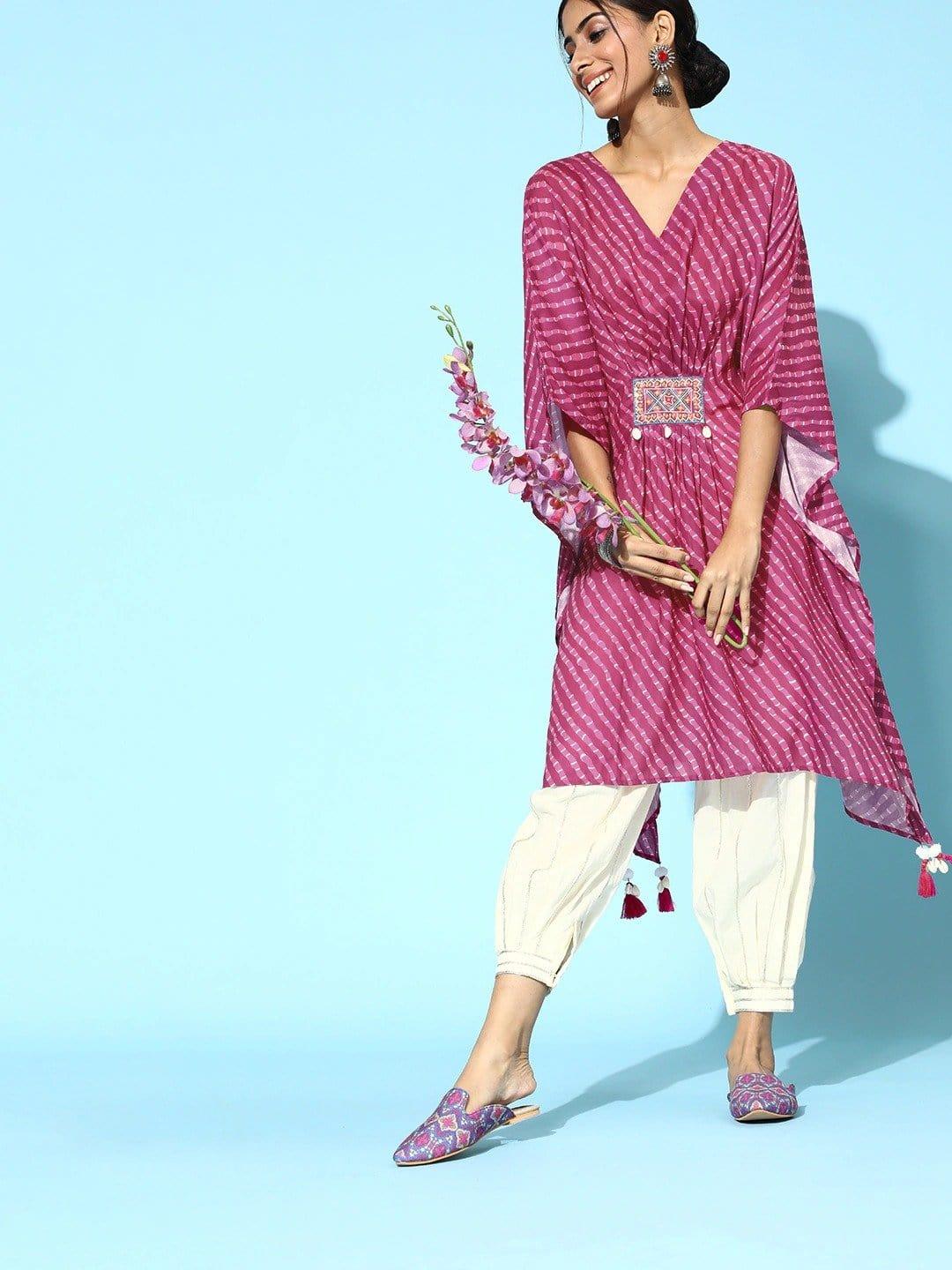 Pink Leheriya Printed Thread Embroidery And Shells Embellished Kaftan With Gota Work Balloon Trouser - Indiakreations