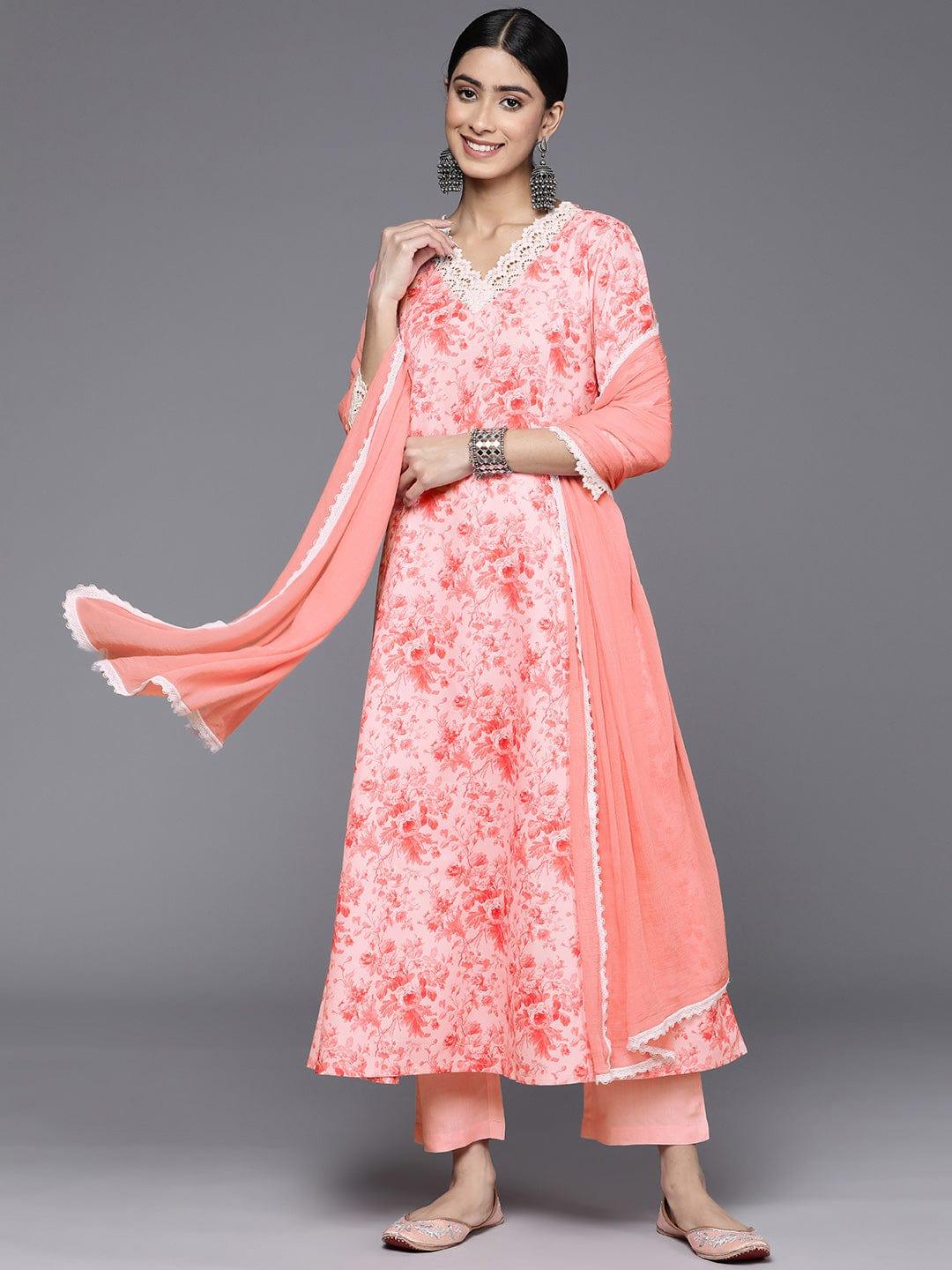 Varanga Floral Printed A-Line Kurta With Trousers & With Dupatta - Indiakreations