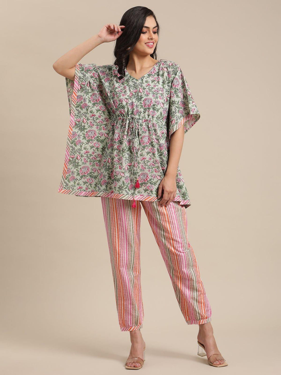 Sea Green Floral Printed Kaftan Trouser Set - Indiakreations