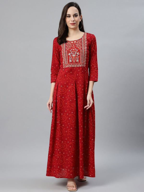 Women's Red and Orange Bandhej Yoke Embroidered Kurta - Anubhutee