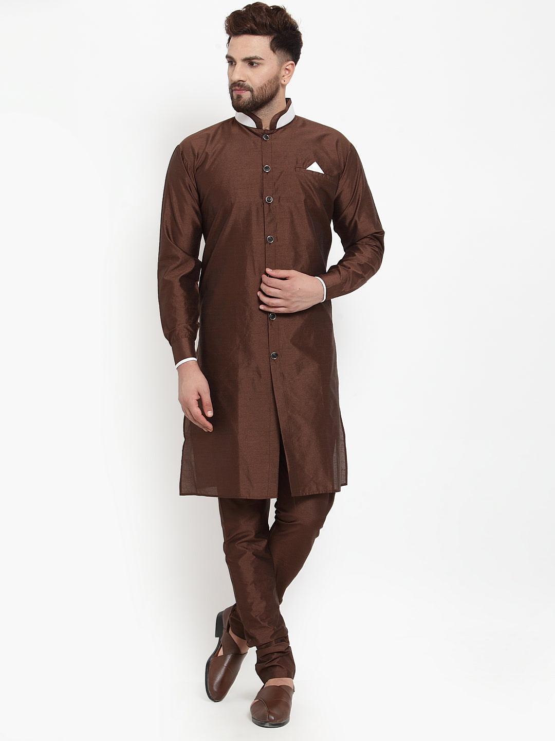 Men's Brown Solid Kurta With Churidaar Pyjama Set - Benstoke