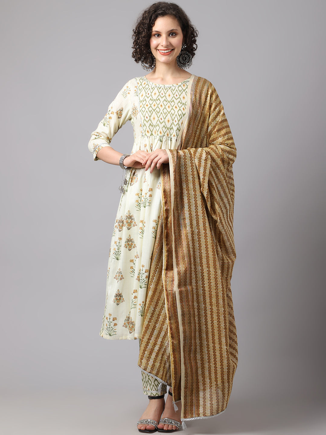 Women's Lemon And Brown Floral Print Kurta Set - Noz2Toz