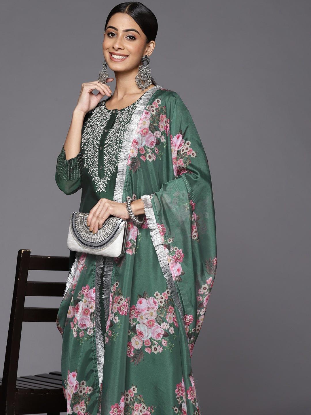 Varanga Women Green Floral Yoke Design Chanderi Silk Kurta with Trousers & With Dupatta - Indiakreations