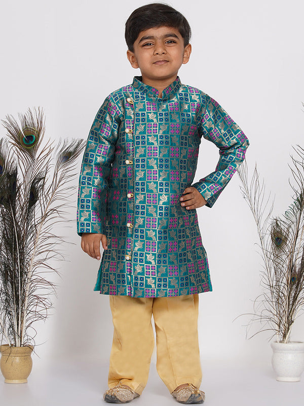 Boy's Peacock Banarsi Sherwani with Pyjama - Peacock Green and Beige - Little Bansi Boys