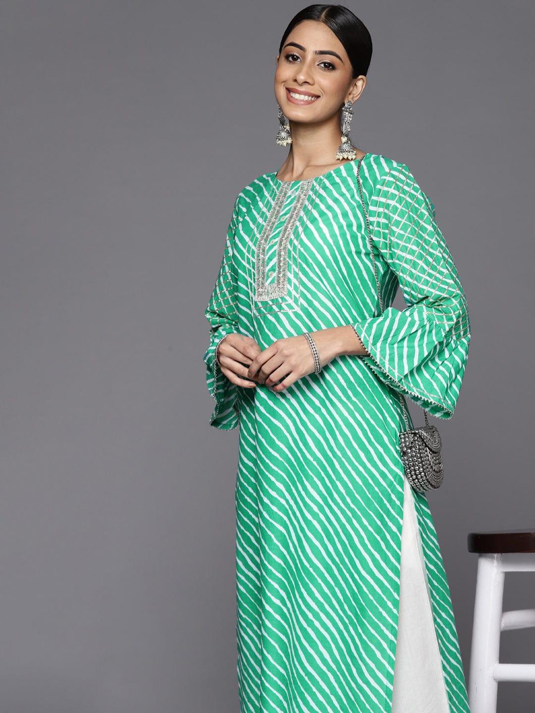 Varanga Women Green & White Leheriya Printed Bell Sleeves Gotta Patti Kurta - Indiakreations