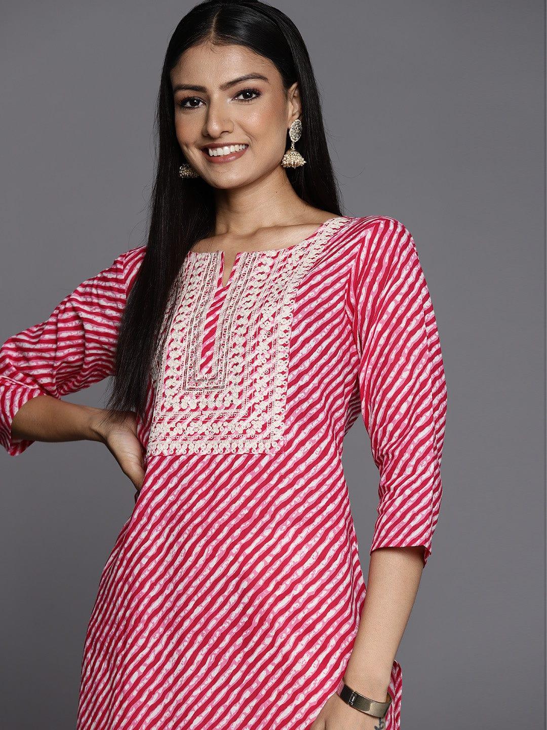 Varanga Women Pink Leheriya Striped Kurta - Indiakreations