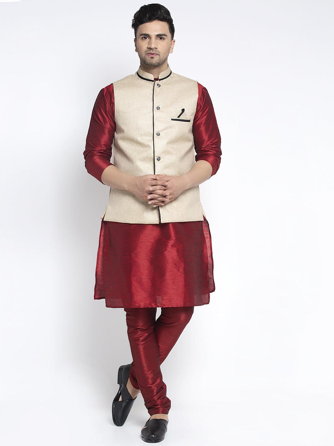 Men's Silk Blend Maroon Kurta With Pyjama & Beige Nehru Jacket - Benstoke - Indiakreations