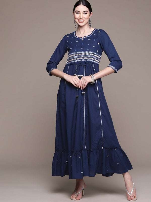 Women's Blue Yoke Embroidered Ethnic Dress - Anubhutee