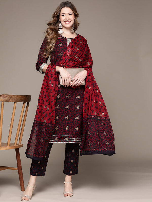 Women's Black Gotta Patti Ethnic Print Kurta Set with Trousers and Dupatta  - Anubhutee