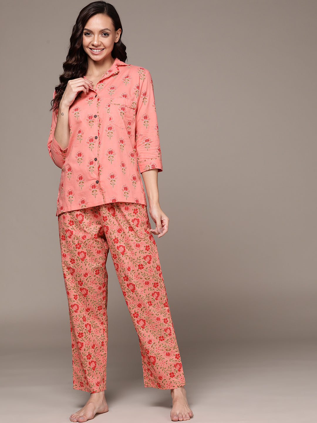 Women's Coral Ethnic Motifs Printed Pure Cotton Night Suit - Anubhutee