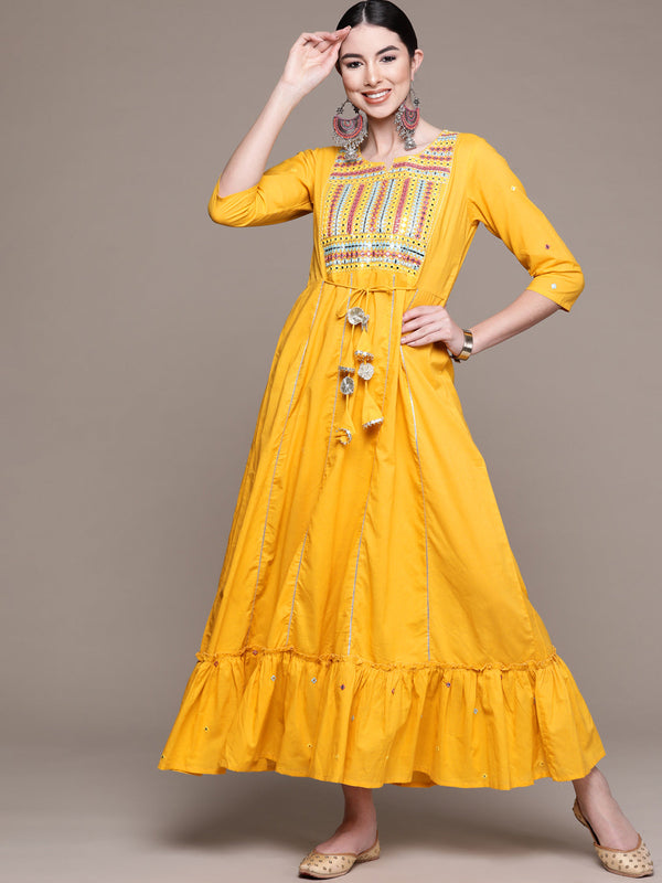 Women's Yellow Yoke Embroidered Ethnic Dress - Anubhutee