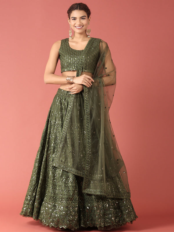 Women's Olive Net Sequinse Work Fully Stitched Lehenga & Stitched Blouse, Dupatta - Panchhi