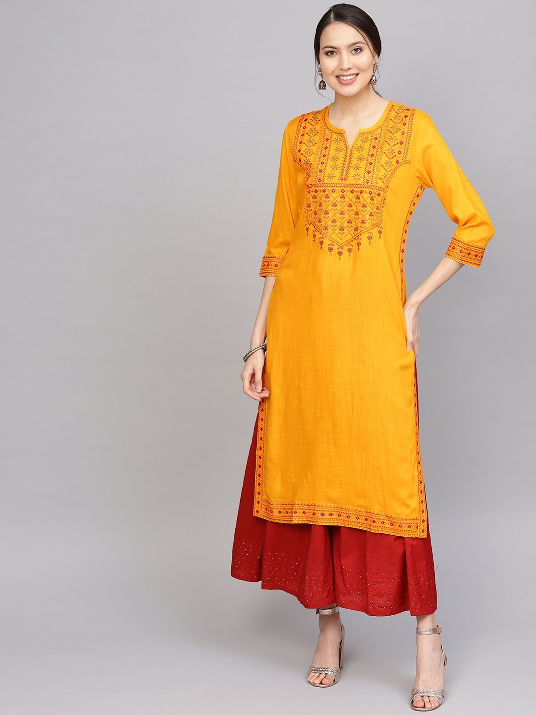 Women's Mustard Yellow & Red Yoke Design Straight Kurta - Anubhutee