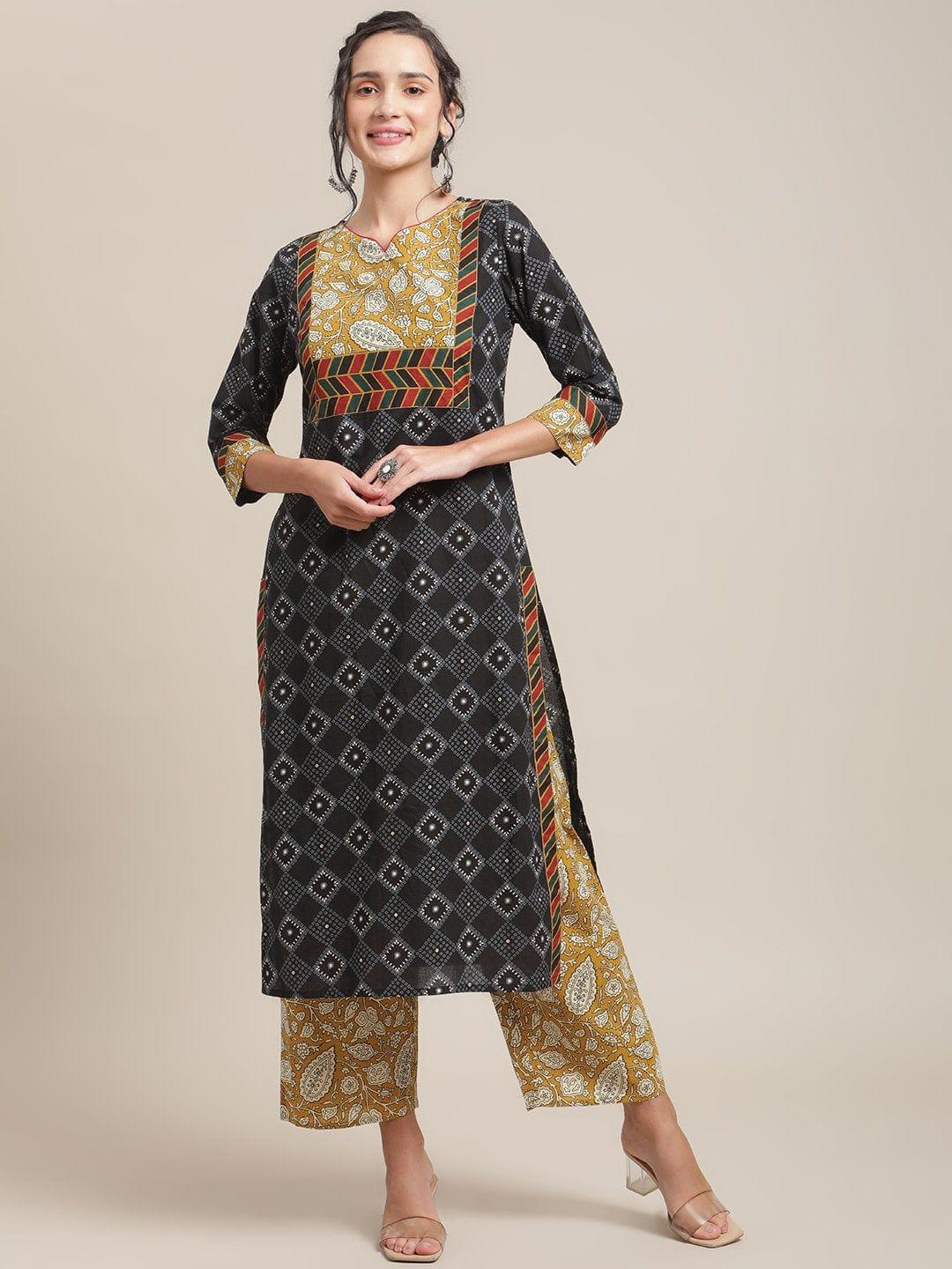 Black And Mustard Printed Kurta With Yoke Design And Paired With Straight Trouser - Indiakreations