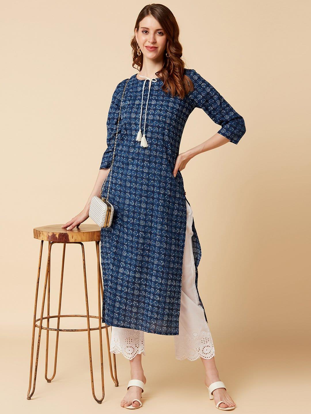 KSUT Indigo Printed Kurta With Keyhole Neckline And 3/4Th Sleeves - Indiakreations