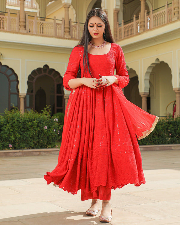 Women's Sassy Red Chikankari Suit - Baisacrafts - Indiakreations