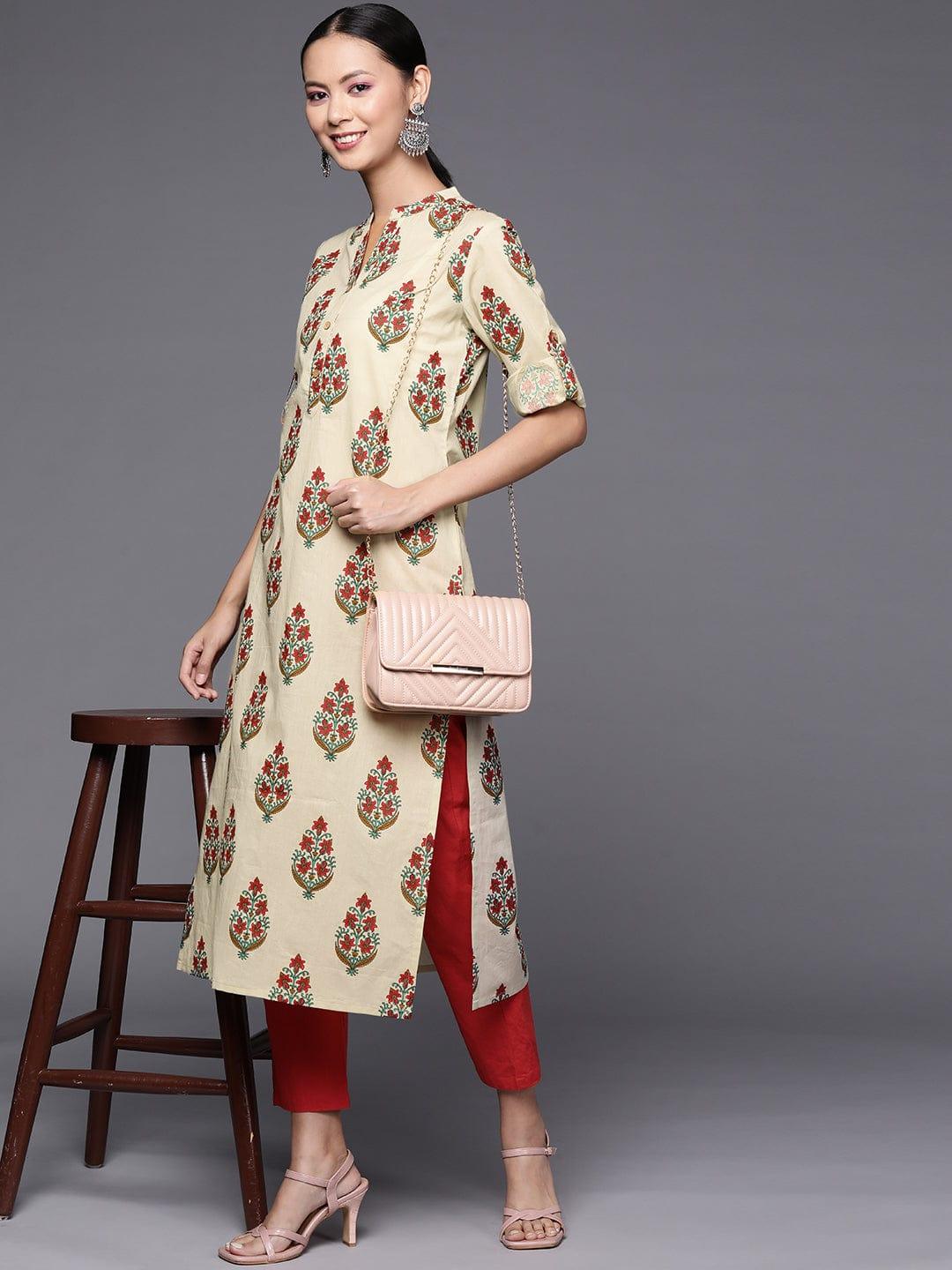 Varanga Women Beige & Red Ethnic Motifs Printed Pure Cotton Kurta - Indiakreations