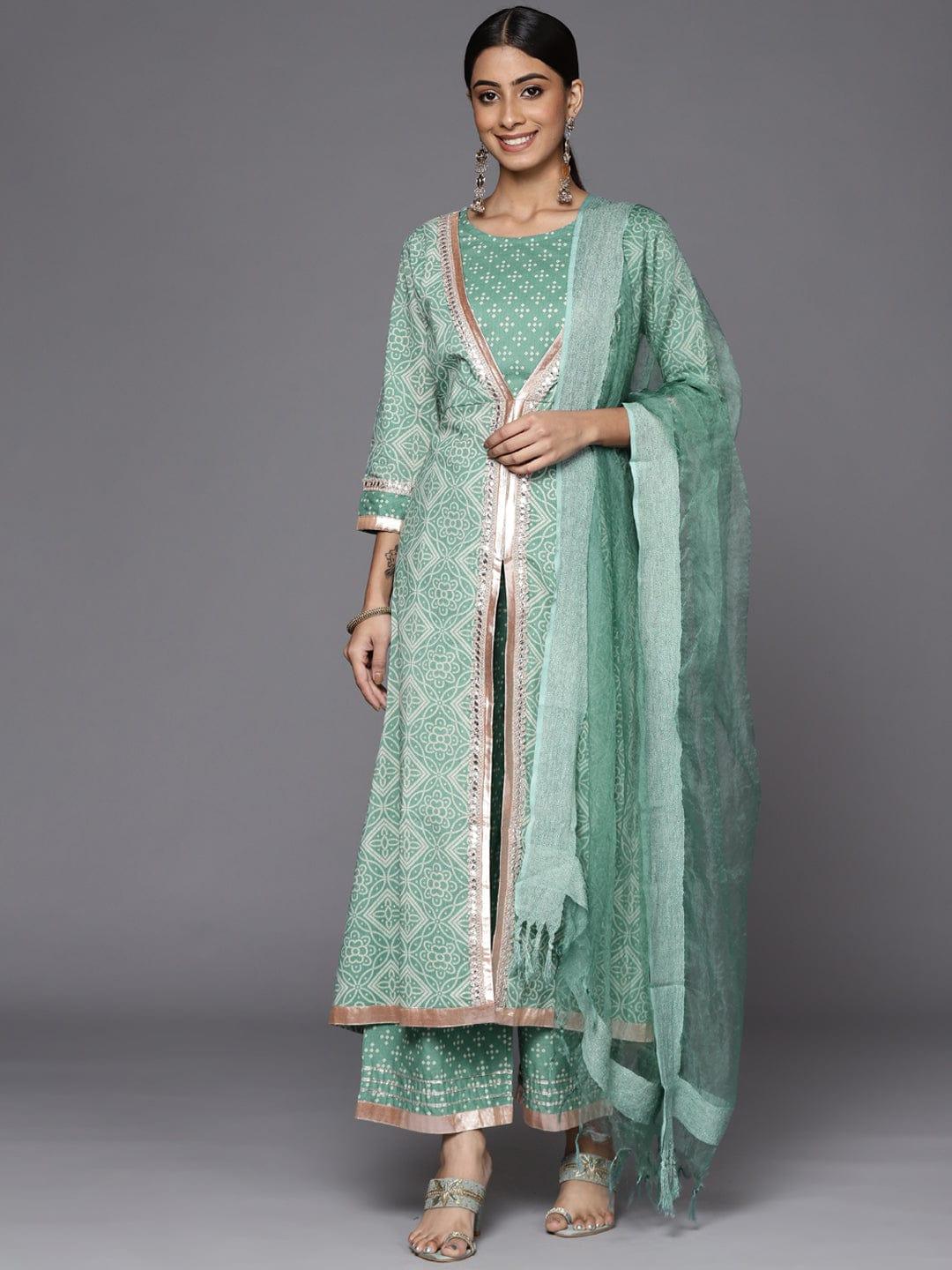 Varanga Women Teal Bandhani Printed High Slit Gotta Patti Pure Cotton Kurta with Palazzos & With Dupatta - Indiakreations