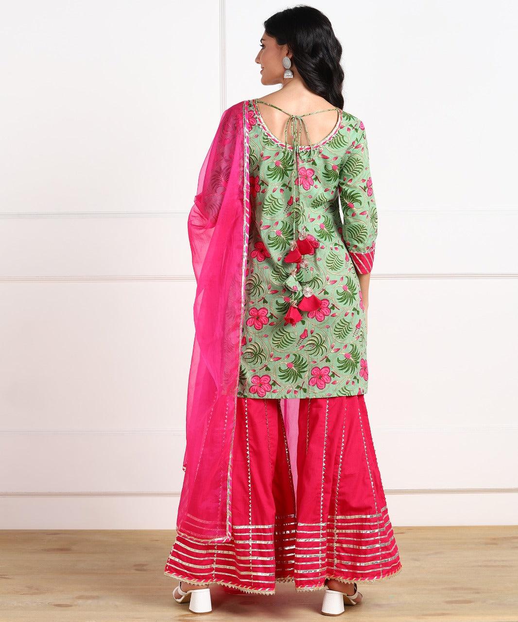 Women's Embroidered, Floral Print Kurta, Sharara & Dupatta Set 3Pc - Noz2Toz - Indiakreations