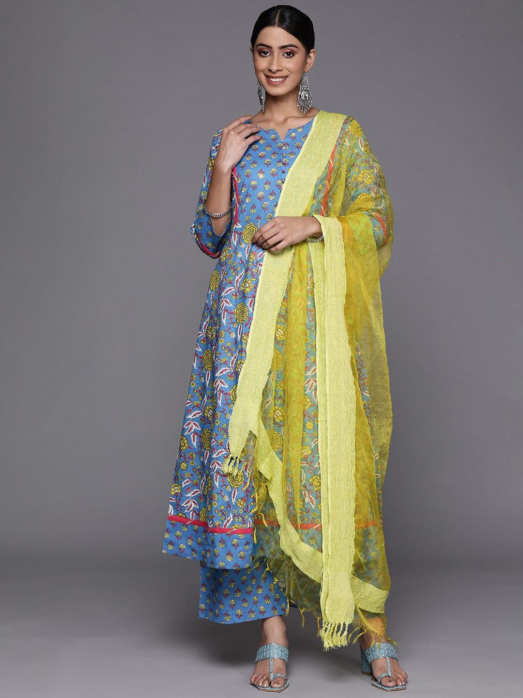 Varanga Women Blue Floral Printed Pure Cotton Kurta with Palazzos & With Dupatta - Indiakreations