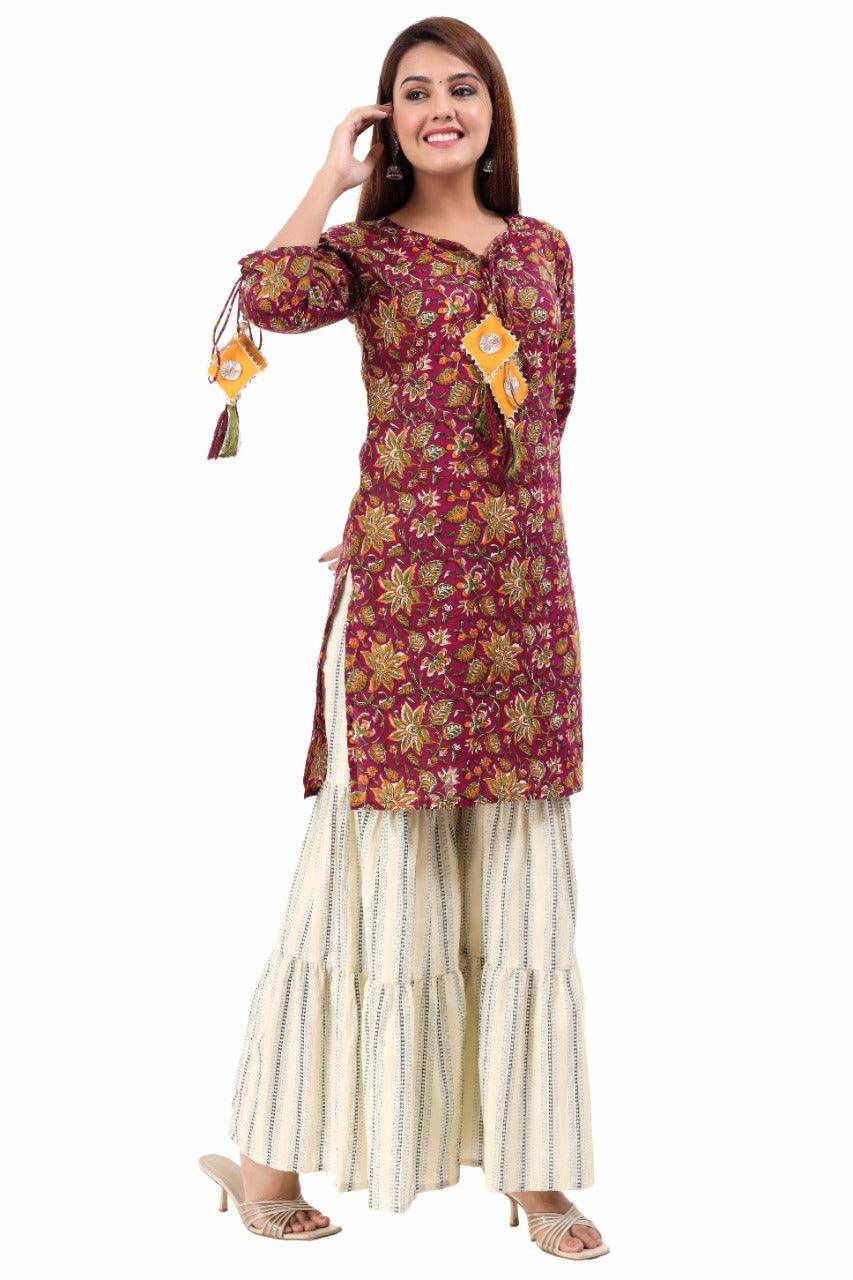 Women's Kurta And Sharara Set Cotton Poly Silk 3Pc - Noz2Toz - Indiakreations