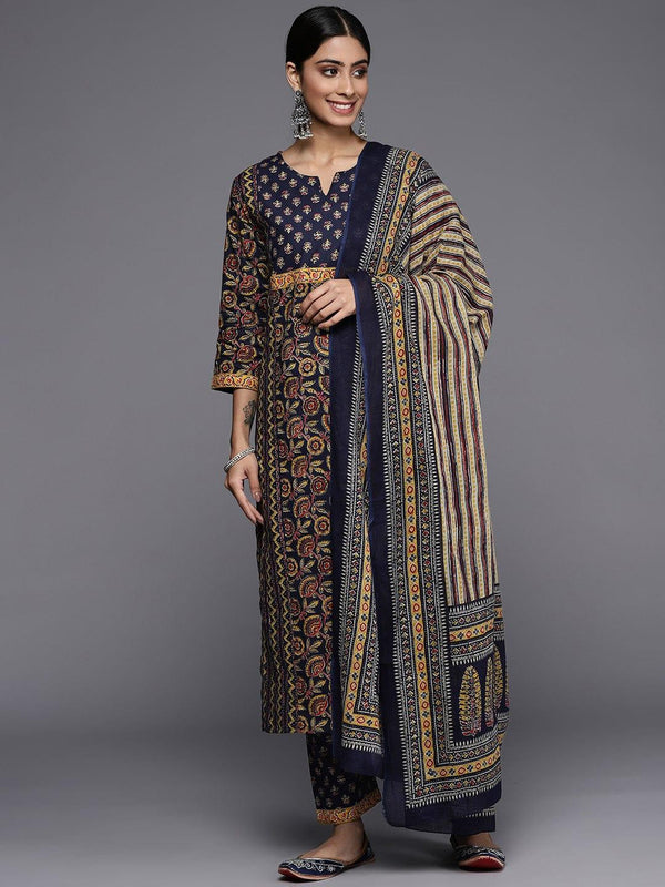 Varanga Women Navy Blue Ethnic Motifs Printed Pure Cotton Kurta with Trousers & With Dupatta - Indiakreations