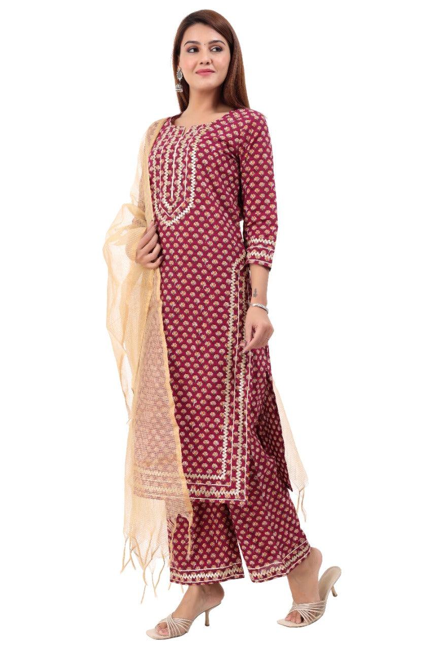 Women's Floral Print Kurta, Palazzo & Dupatta Set 3Pc - Noz2Toz - Indiakreations