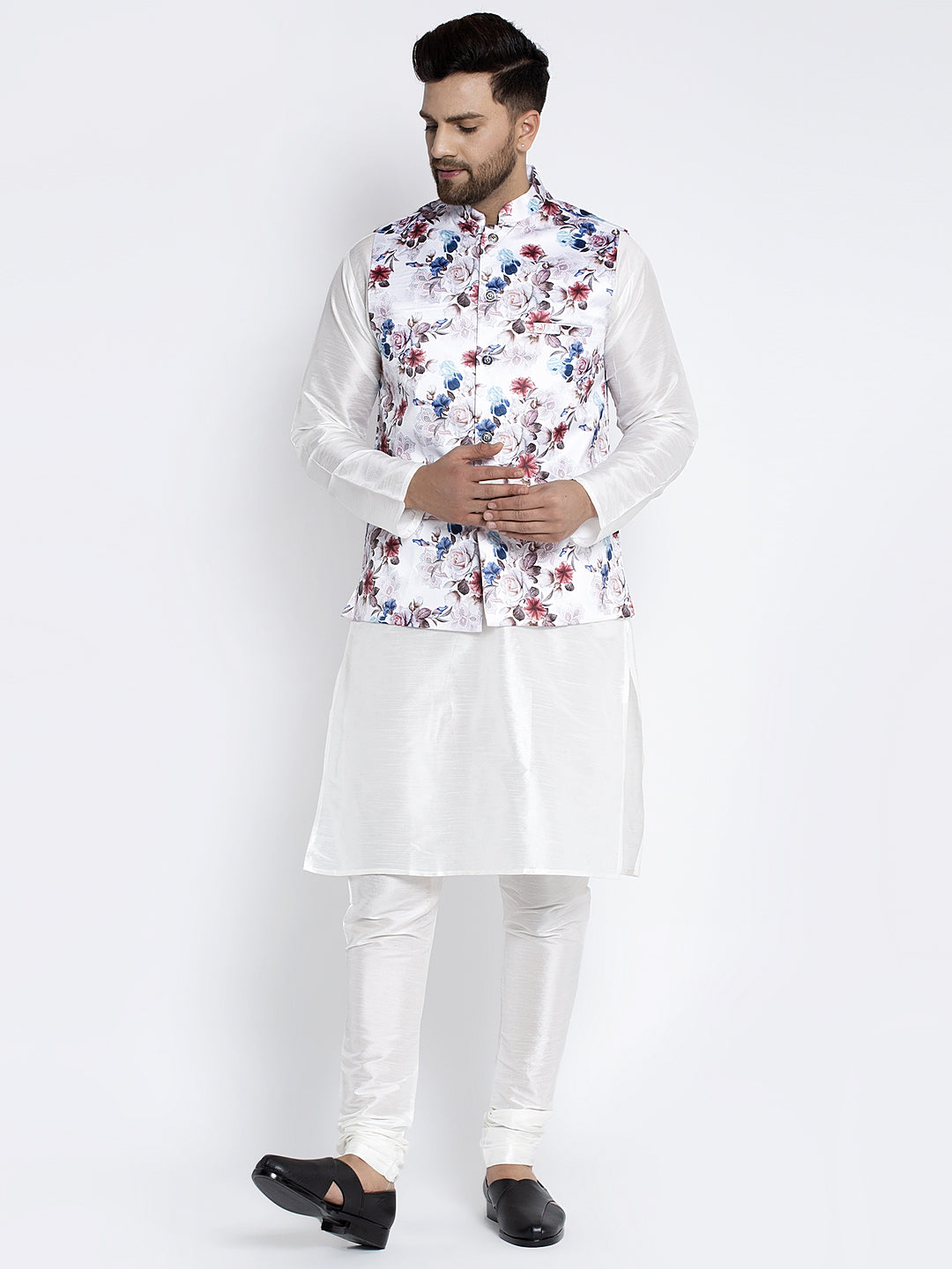 Men's Silk Blend White Kurta With Pyjama & Multi Printed Nehru Jacket - Benstoke