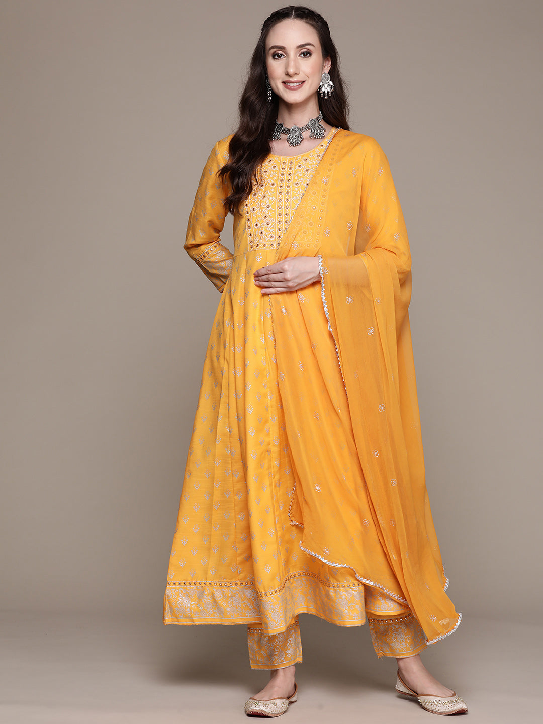 Women's Mustard Mirrorwork Embroidered Kurta Set With Trousers And Dupatta - Anubhutee