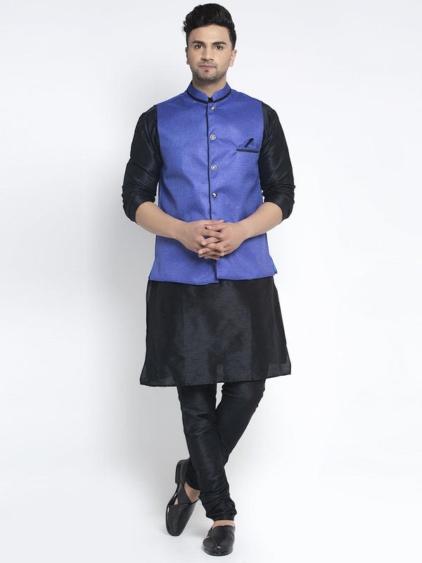 Men's Silk Blend Black Kurta With Pyjama & Royal Blue Nehru Jacket - Benstoke - Indiakreations