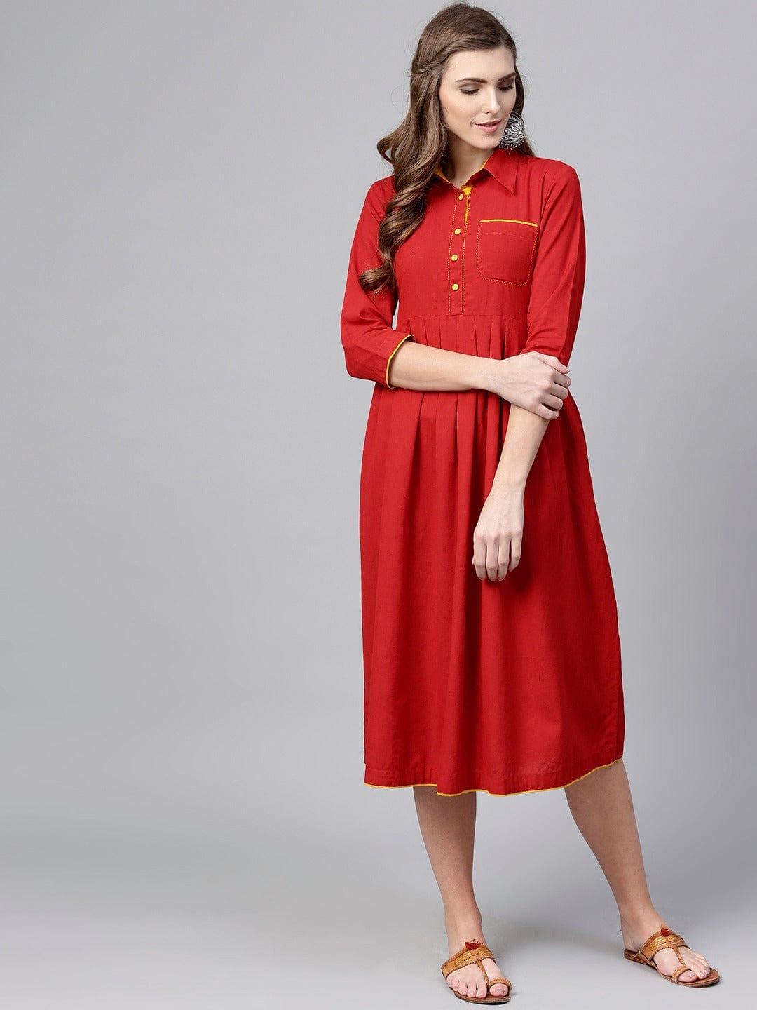 Red Solid Shirt Dress - Indiakreations