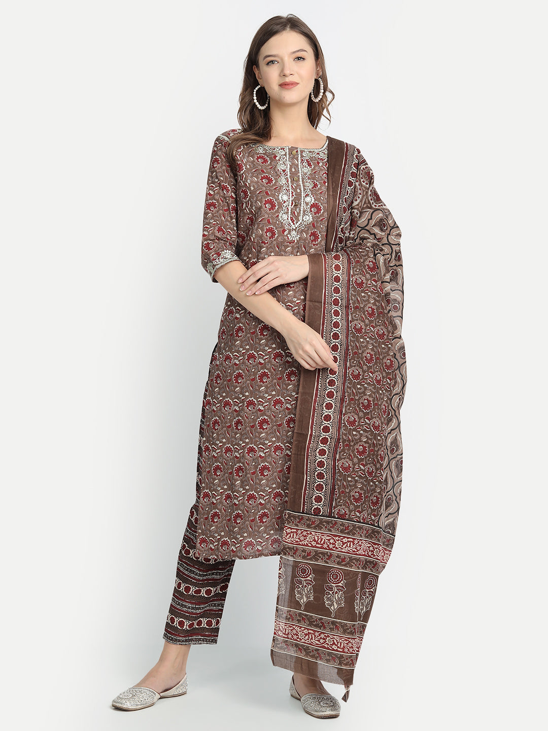 Women's Brown Floral Printed Pure Cotton Kurta With Trousers With Dupatta - Anubhutee