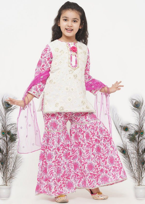 Girl's Cotton Floral Embroidery Kurta With Floral Detaling And And Floral Sharara With Dupatta - White And Pink - Little Bansi Girls