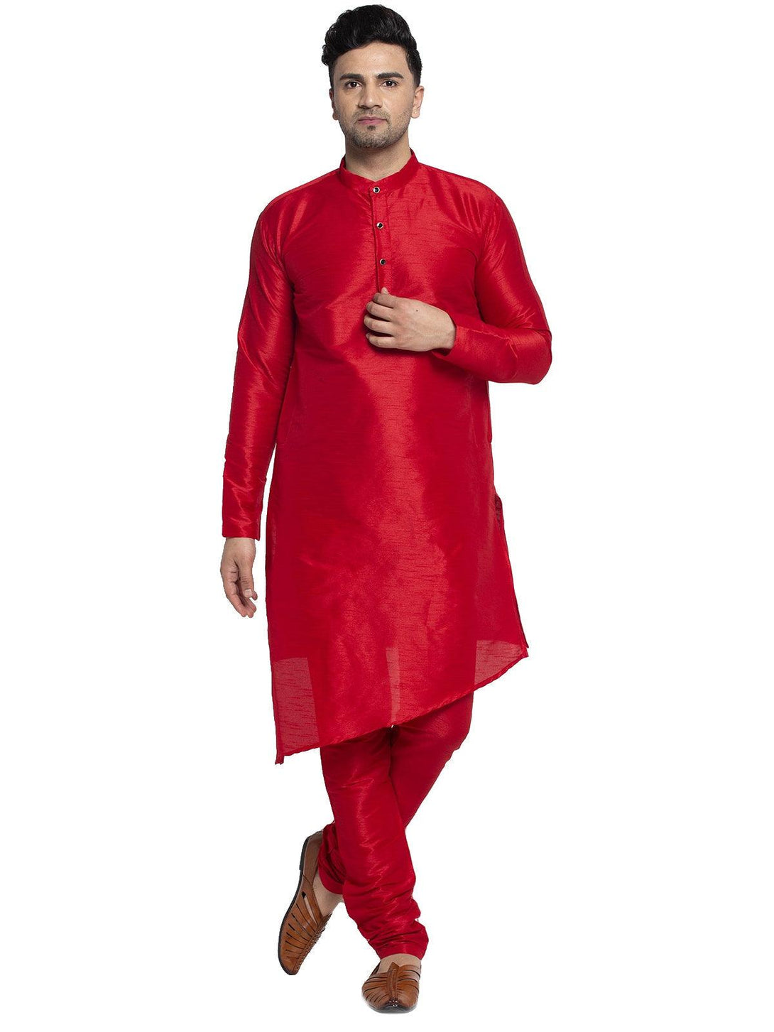 Men's Red Solid Asymmetric Kurta With Churidaar Pyjama - Benstoke - Indiakreations