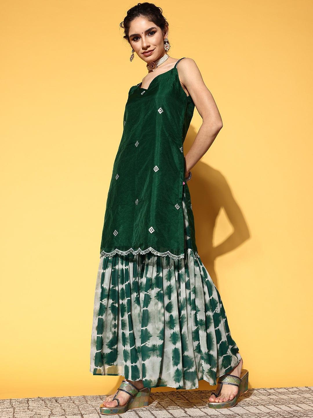 Varanga Women Green Embroidered Sequinned Kurta with Sharara & Dupatta - Indiakreations