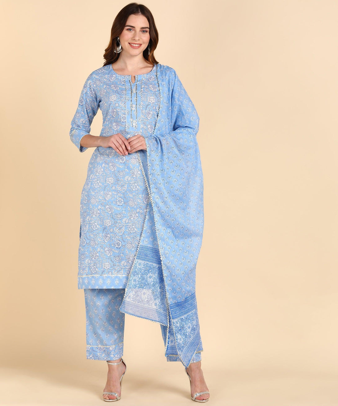 Women's Cotton Blue Printed Kurta Pant With Dupatta - Noz2Toz - Indiakreations