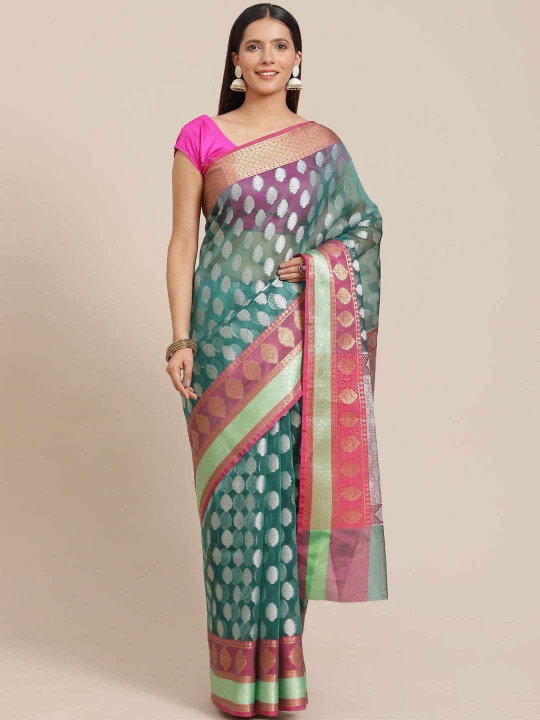 Women's Organza Blended Silk Jaamdani Saree - Varanasi - Indiakreations