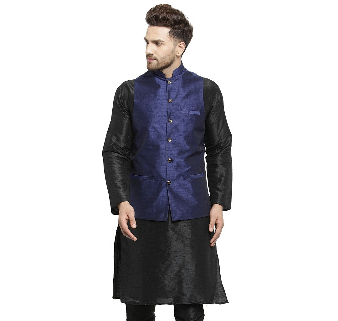 Men's Navy Blue Solid Nehru Jacket - Benstoke