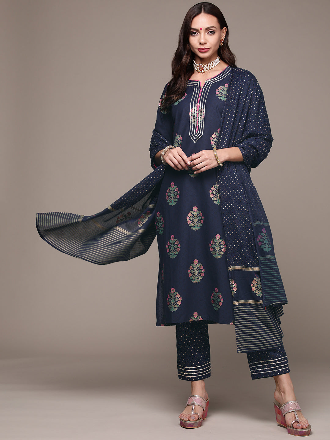 Women's Navy Blue Gotawork Printed Kurta Set With Trousers And Dupatta - Anubhutee