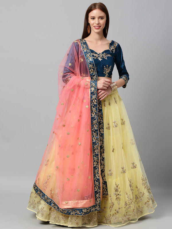 Women's Lemon Net  Zari And Mirror Work Lehenga Choli - Panchhi