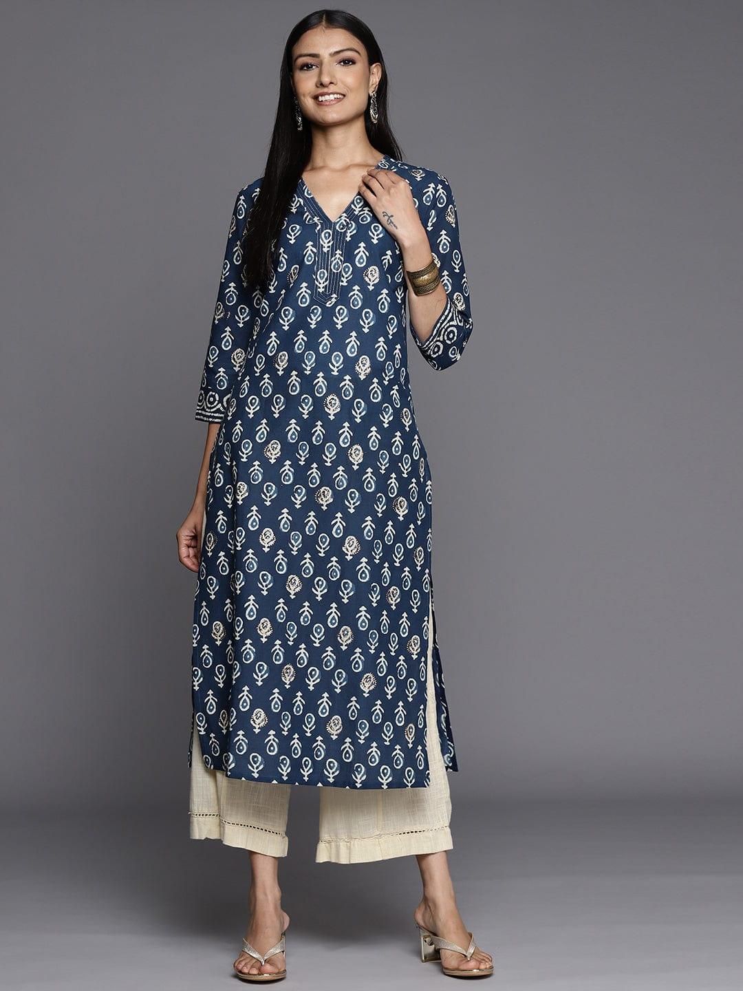 Varanga Women Navy Blue & Beige Ethnic Motifs Printed Kurta - Indiakreations