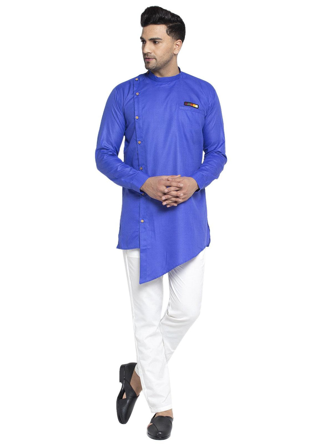 Men's Cotton Royal Blue Asymmetric Solid Kurta With White Trousers - Benstoke - Indiakreations