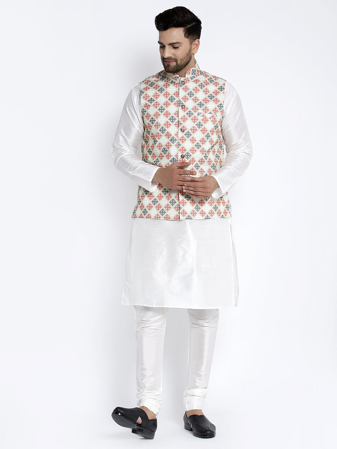 Men's Silk Blend White Kurta With Pyjama & Green Printed Nehru Jacket - Benstoke