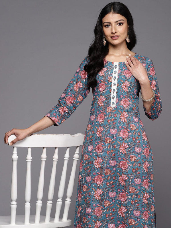 Varanga Floral Printed Gotta Patti Pure Cotton Kurta With Trousers - Indiakreations