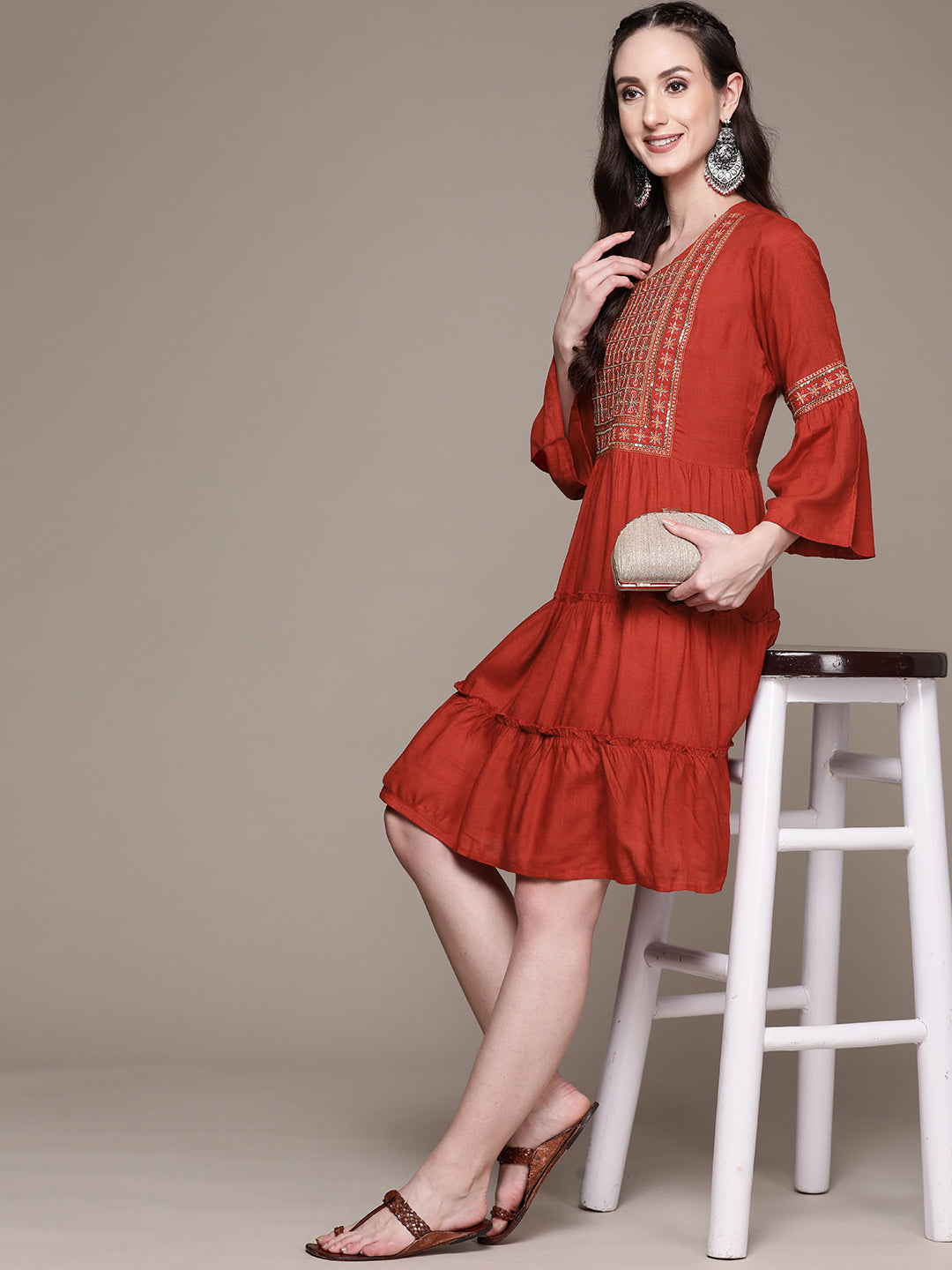 Women's Red Embroidered Flared Dress - Anubhutee